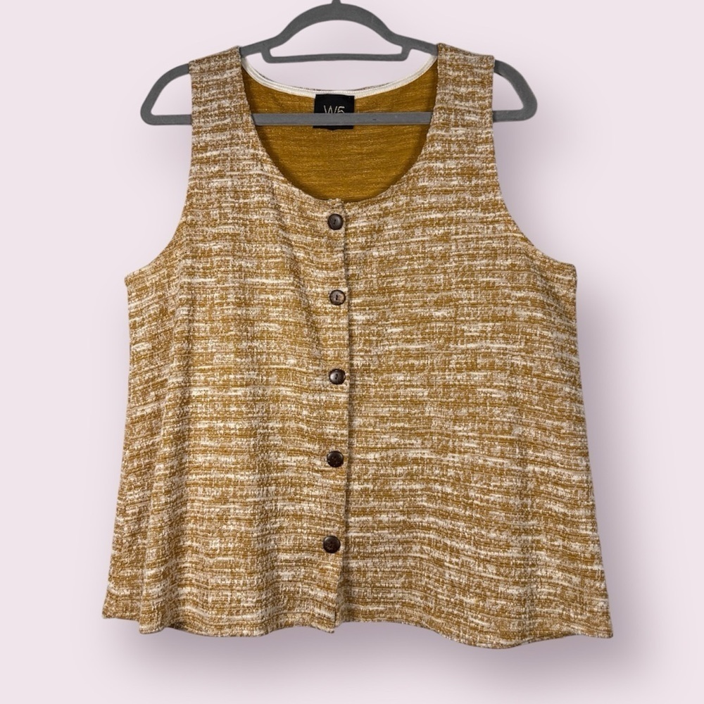 W5 Mustard Yellow and White Textured Knit Sleeveless Button Up Vest